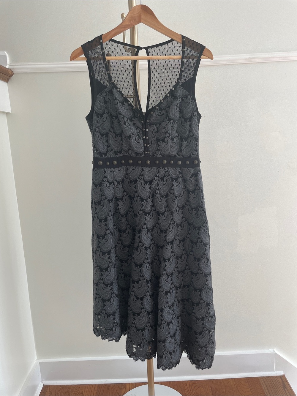 Sleeveless Black Lace Midi Dress with Sheer Polka-Dot Yoke